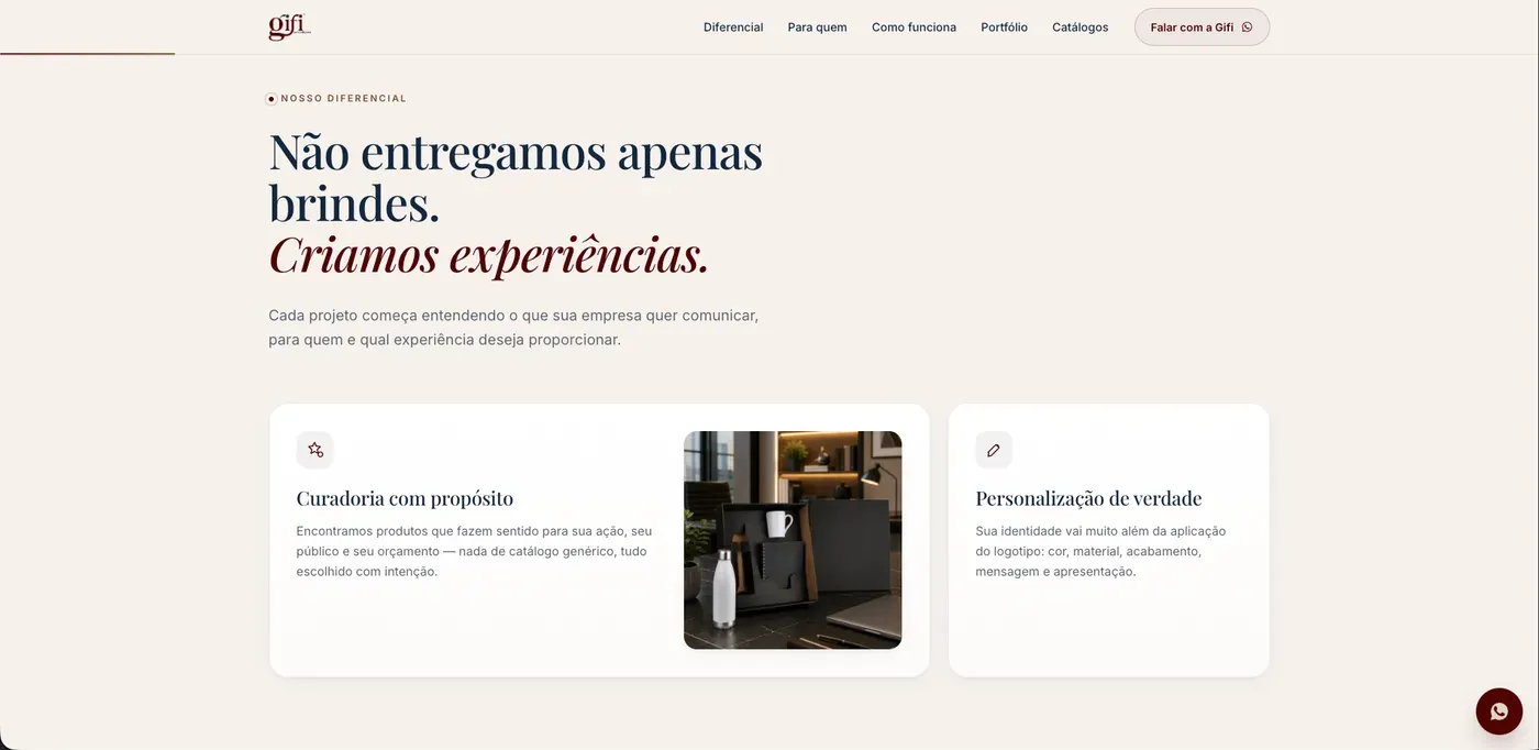 Seção de diferenciais do site da Gifi Personalizados, com cartões de consultoria e personalização