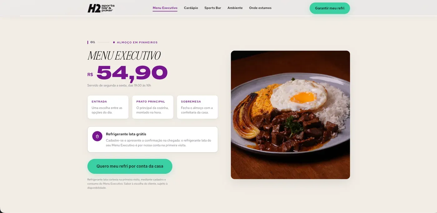 Landing page do menu executivo do H2 Sports Bar & Poker, com o preço em destaque