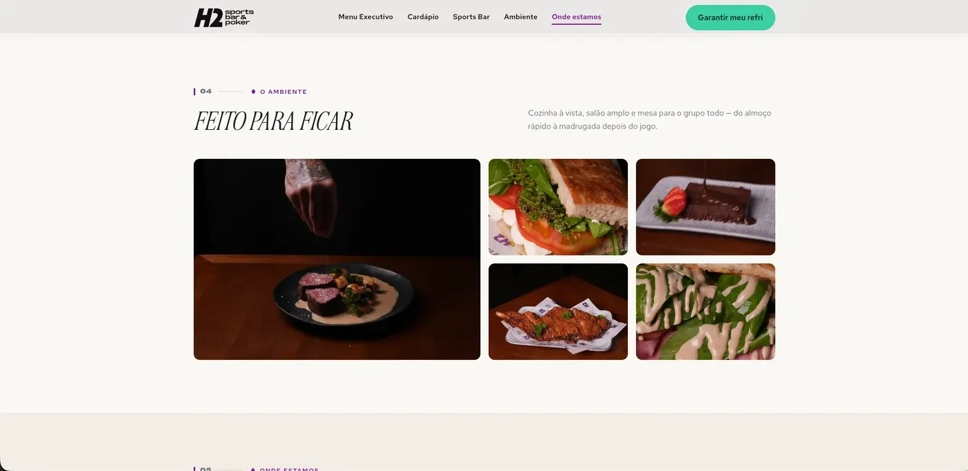 Landing page do H2 Sports Bar & Poker sobre o ambiente, com mosaico de fotos de pratos